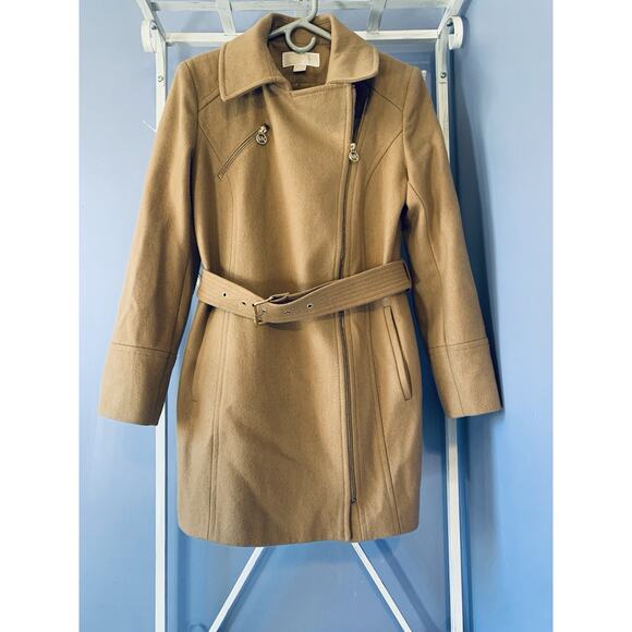 Michael Kors Wool belted coat camel zip up M preppy old money quiet luxury - Picture 1 of 10